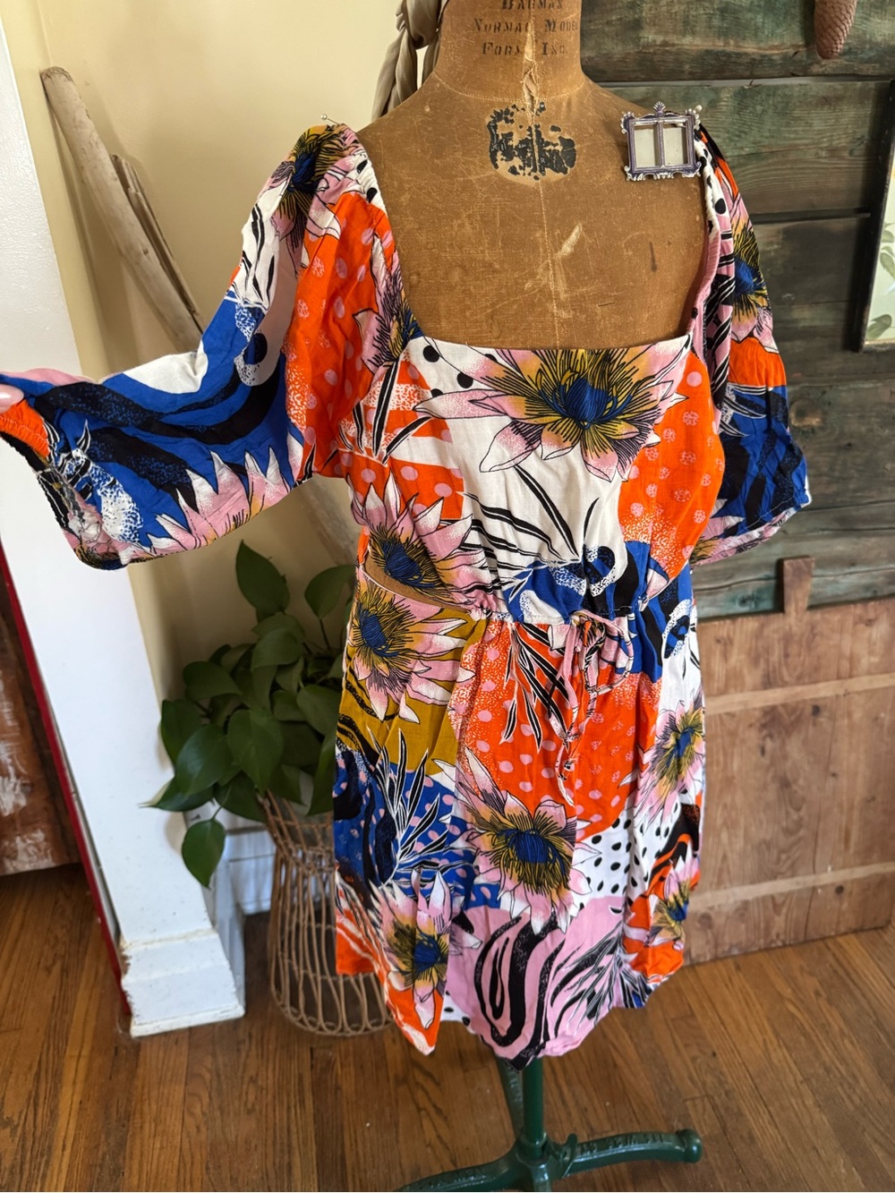 NWOT Floral Multi-Color Puff Sleeve Sundress Top - Orange, Pink & Blue